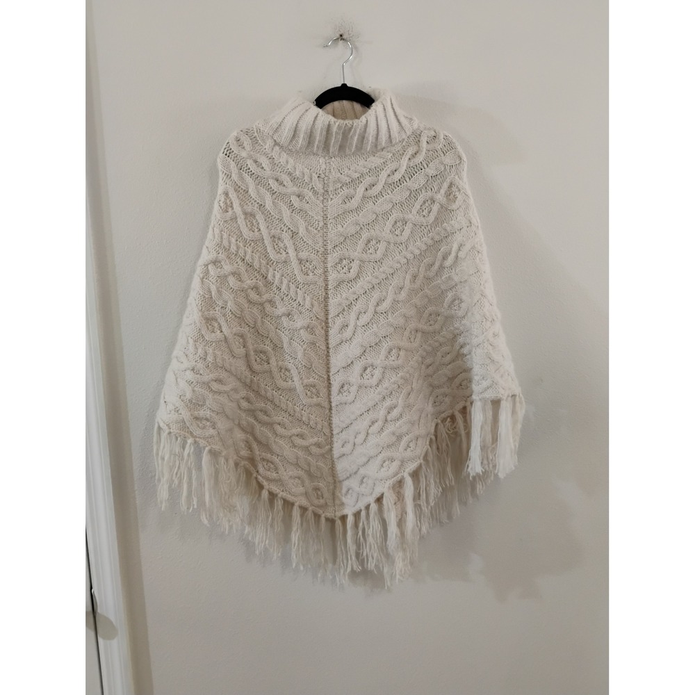 Time and Tru Cream Cable Knit Fringe Poncho Turtleneck Sweater One Size